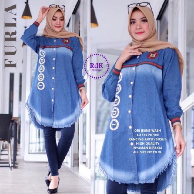 COD》TUNIK JUMBO JEANS WANITA LD110 matt ORI JEANS WASH BAWAH RAWIS LENGAN KARET BUSUI KANCING AKTIF