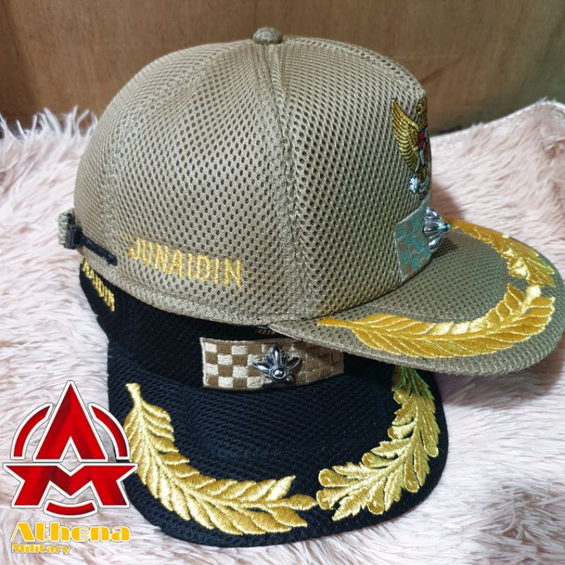 Topi jaring lurah | Topi kades warna Khaki dan Hitam free bordir nama dan melati logam