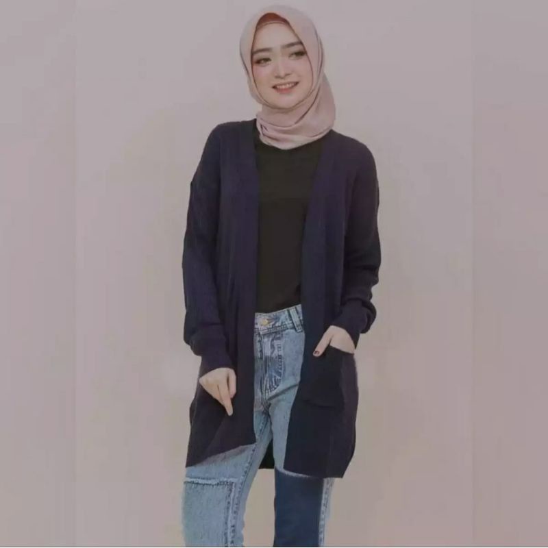 Longkardi Rajut Wanita Kekinian Motip Saku / Kardigan Cewe Korea Bisa Hijab / Non Hijab