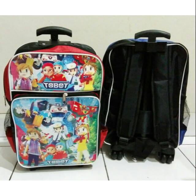 Tas koper sekolah troli anak trolley roda ransel dorong gendong printing karakter Robot Tobot murah