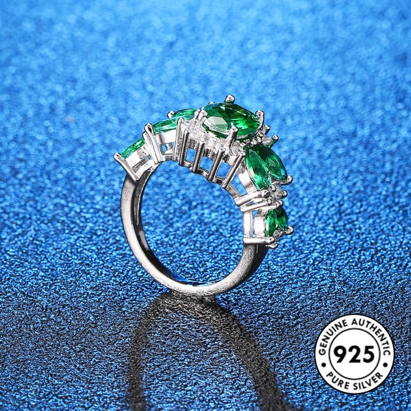 Cincin Bahan S925 Silver Aksen Berlian Warna Hijau Untuk Wanita