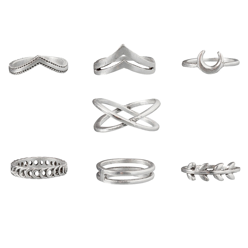 Huluboy 7pcs / Set Cincin Bentuk Salib / Bulan / Daun Bahan Alloy Electroplate Untuk Wanita