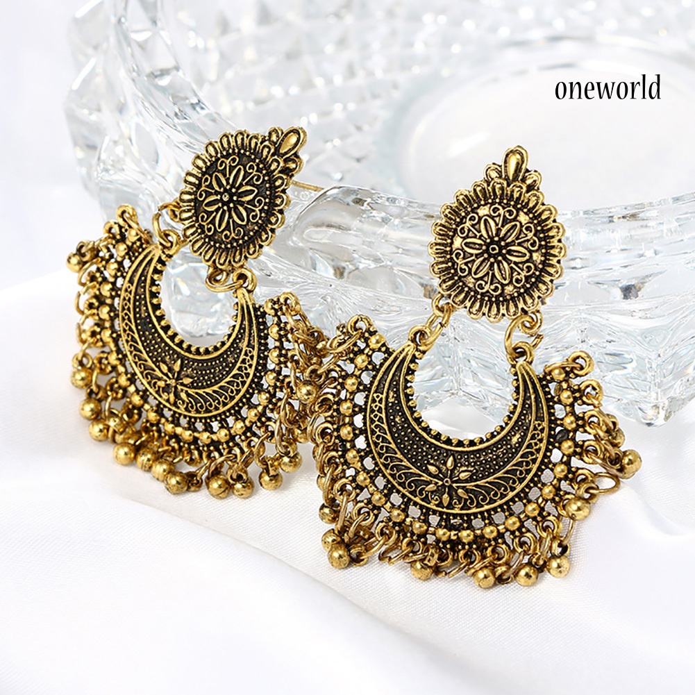 OW@ Bohemian Semicircle Round Balls Tassel Carving Flower Women Dangle Stud Earrings