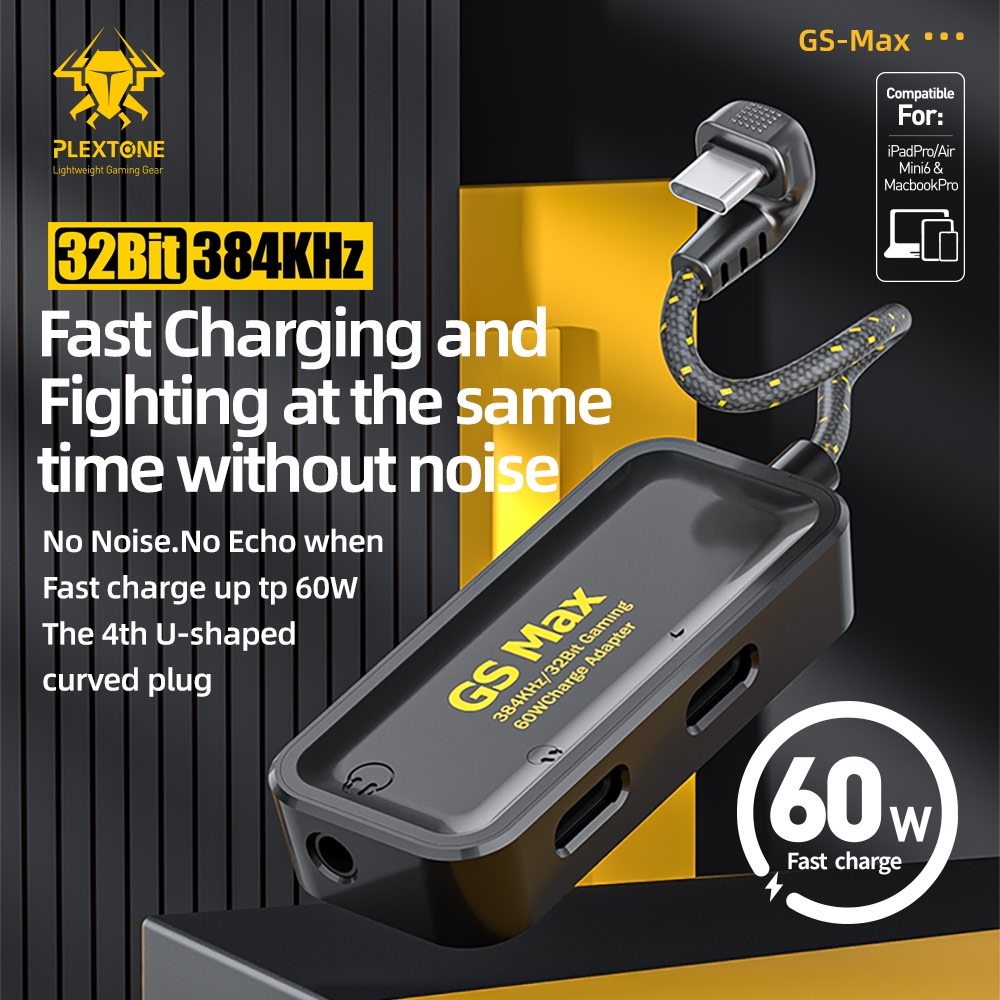 PLEXTONE GS Max Type-C to 3.5mm AUX Audio Jack 32Bit 384KHz Fast Charging PD 3.0 60W 20V 3A External Sound Card Adapter