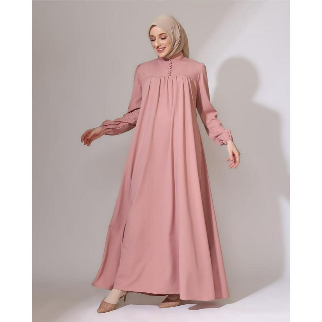 Azka Dress Basic - Dress Korean Style - Dress Kondangan - Gamis Bahan Toyobo Fodu Badan Rempel Kancing Depan Aktif