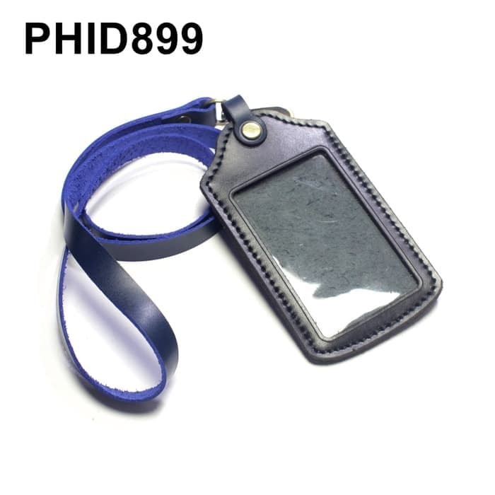 

Gantungan dompet ID card kulit asli hitam PHID899 tali id biru lanyard