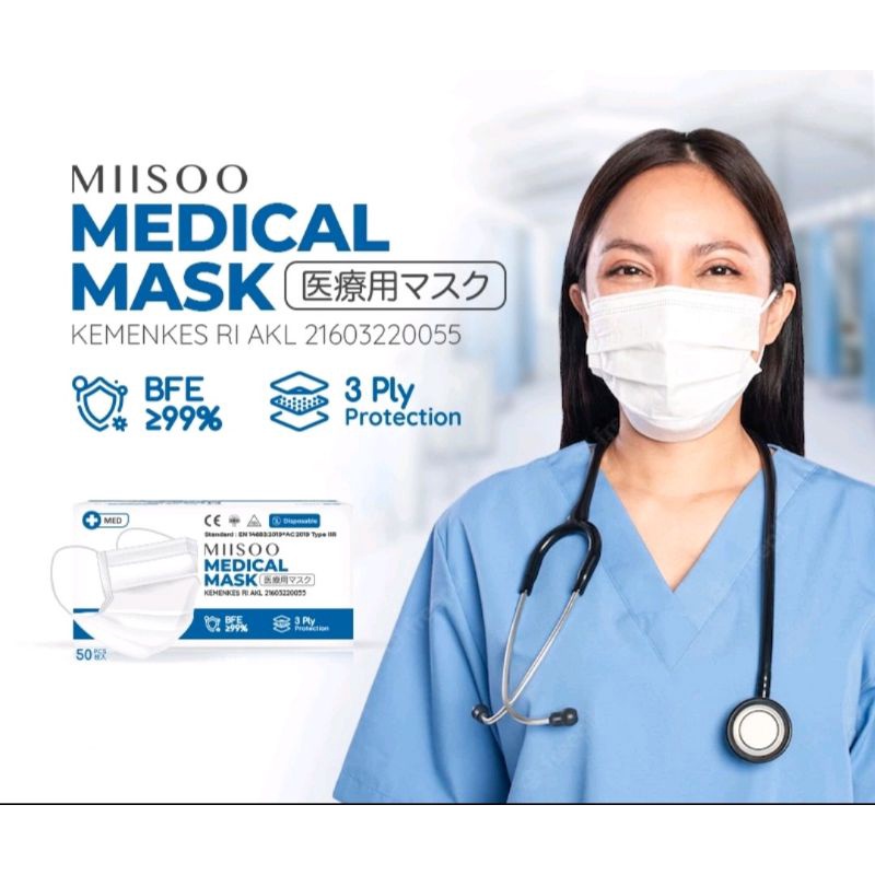 Masker Earloop Putih 3ply 1 Box Isi 50Pcs Full White Impor Disposable Facemask