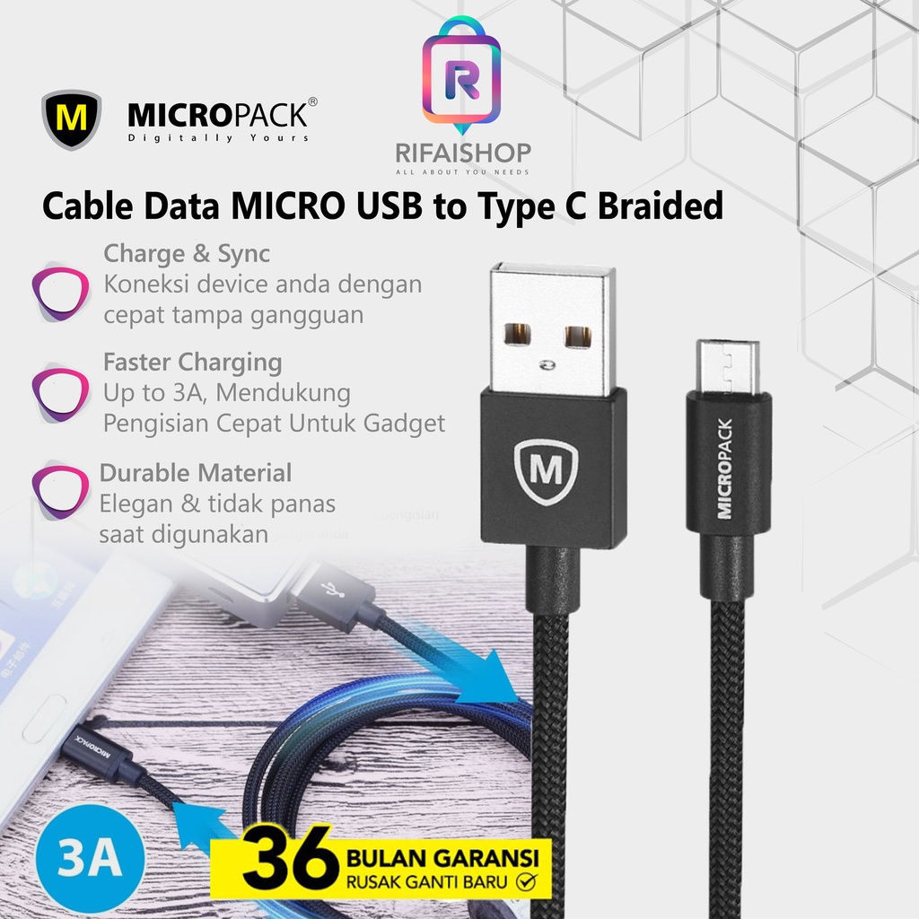 Kabel data USB-C Braided Nylon Micropack Charging Type C Kabel Charger Murah