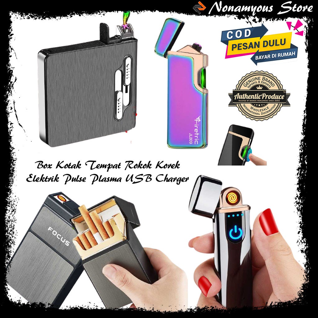 Box Kotak Rokok + Korek Api Elektrik Pulse Plasma USB Lighter Fingerprint Touch Sensor