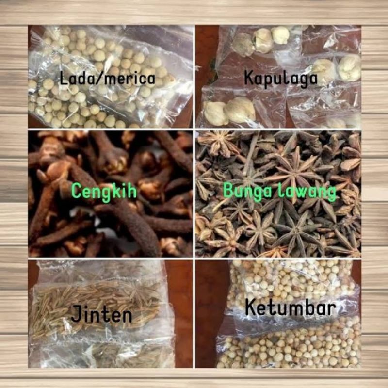 

Kayu manis,Cengkeh,bunga Lawang,kapolaga,merica, Ketumbar,jinten
