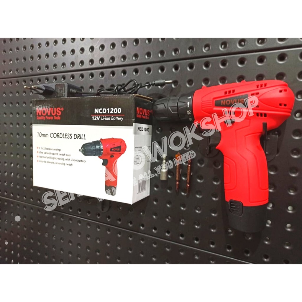 Novus Mesin Bor Cordless Drill Reversible 12 Volt Bonus Mata Bor Sock Roofing &amp; Mata Obeng Angin