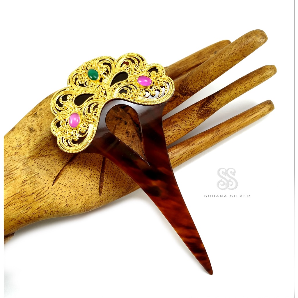 Tusuk Konde Cucuk Rambut Perak 925 Ruby Malakit Stone Handmade Bali