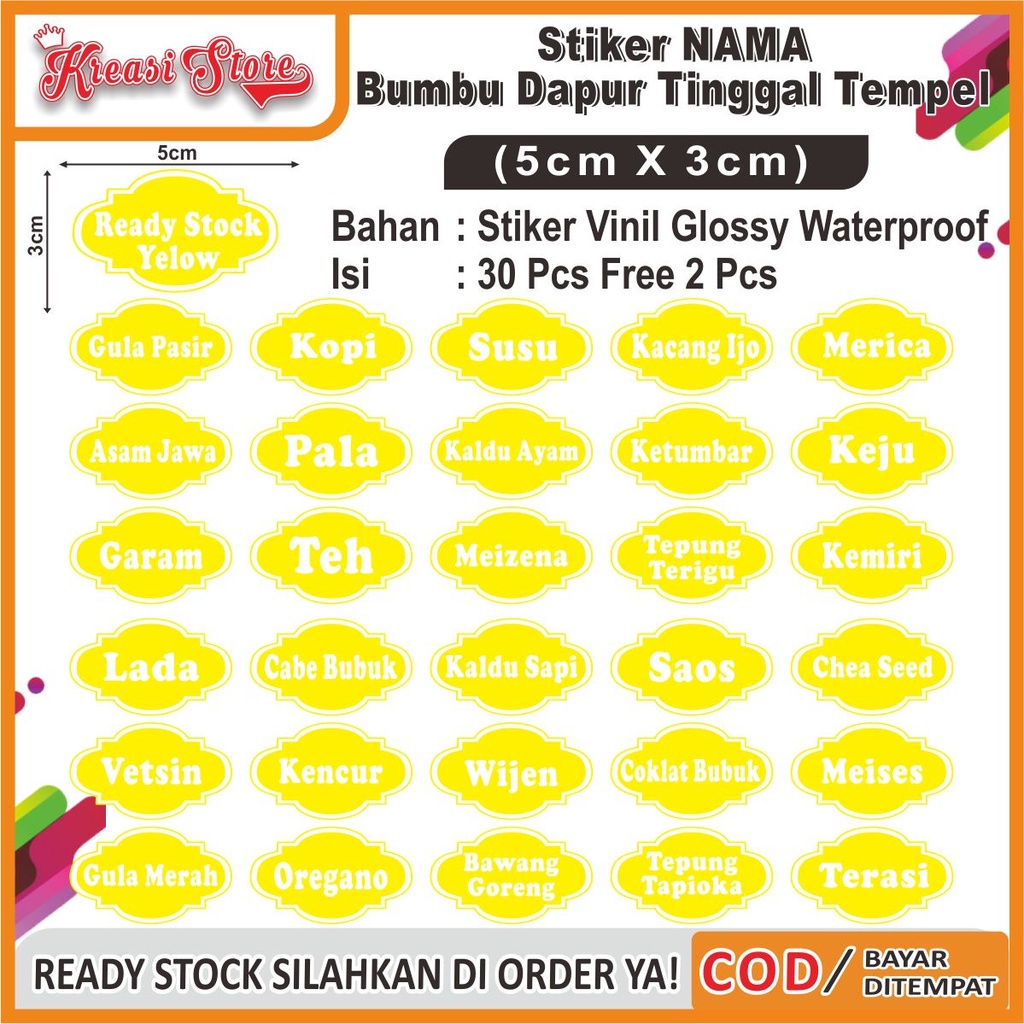 

COD✔ Stiker Label Nama Bumbu Dapur Waterproof Isi 30 Pcs uk 3x5cm Ready Stock free 2pcs