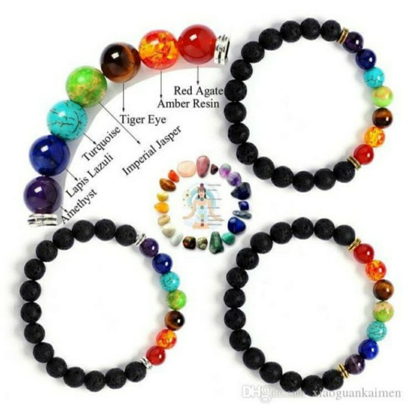 Gelang Batu 7 Chakra Cakra Lava Stone Rock Diffuser ASLI Alam Natural - Gelang Batu Giok Alam