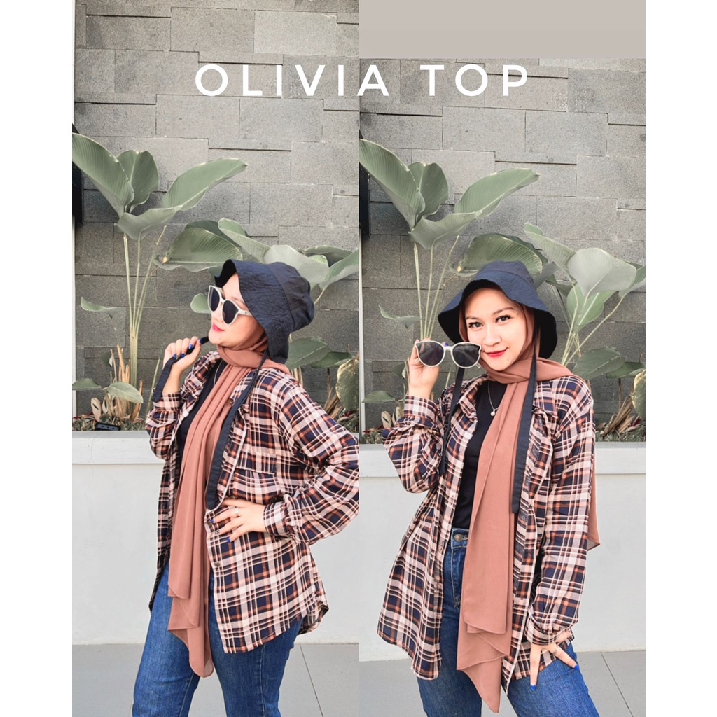 Kemeja Wanita Olivia Top Motif Kotak-Kotak Full Kancing