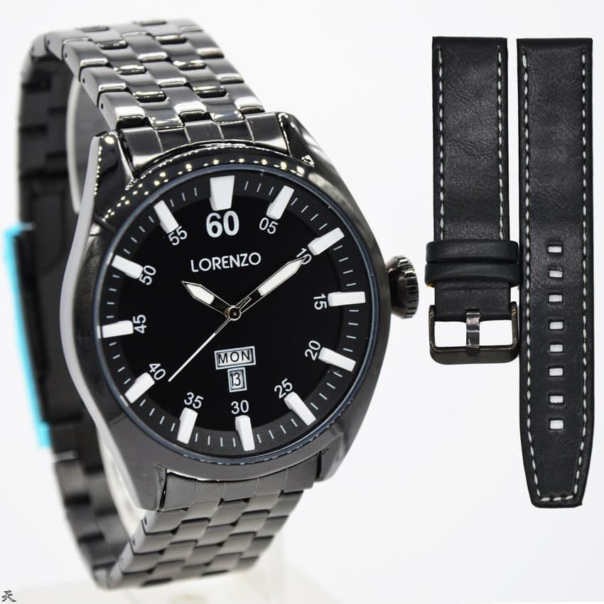 jam tangan pria lorenzo 1032 original rantai stainless free tali kulit