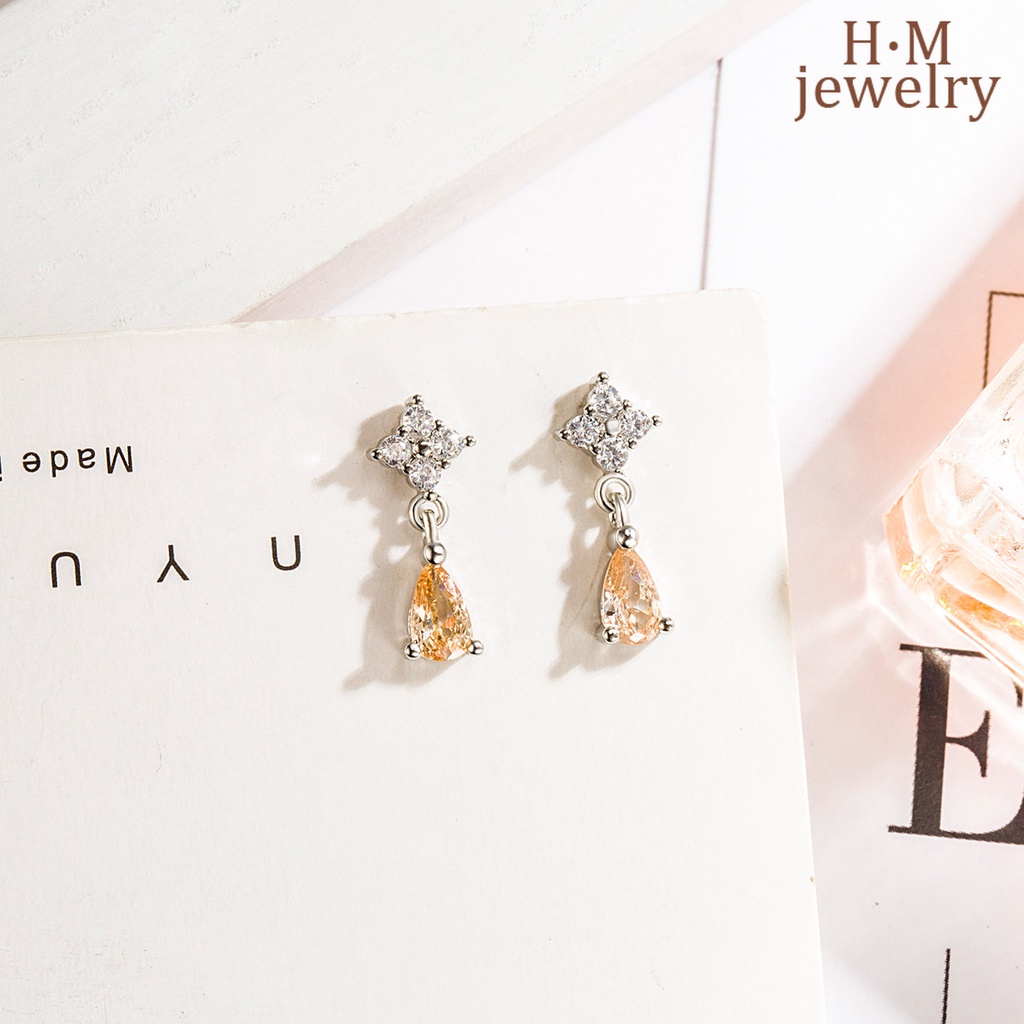 Anting Tusuk Sterling Silver 925 Model Tetesan Air Dengan Berlian Warna Oranye Sampanye Untuk Wanita