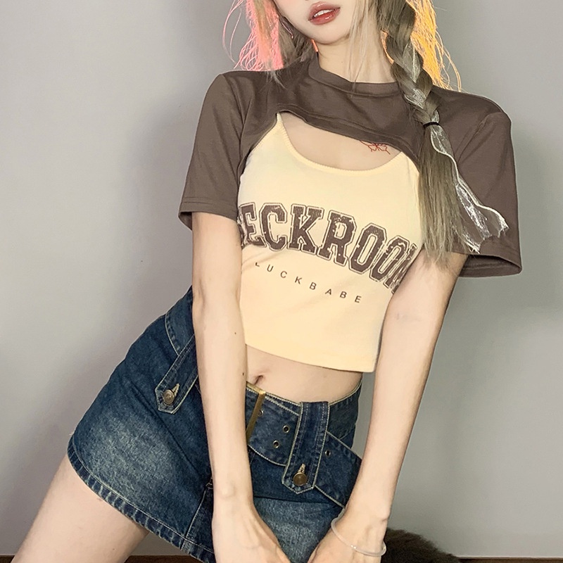 #Sisjuly# Wanita Musim Panas Baru Wanita Warna Solid Slim Fit Cropped Navel Fashion Cetak Leher Bula