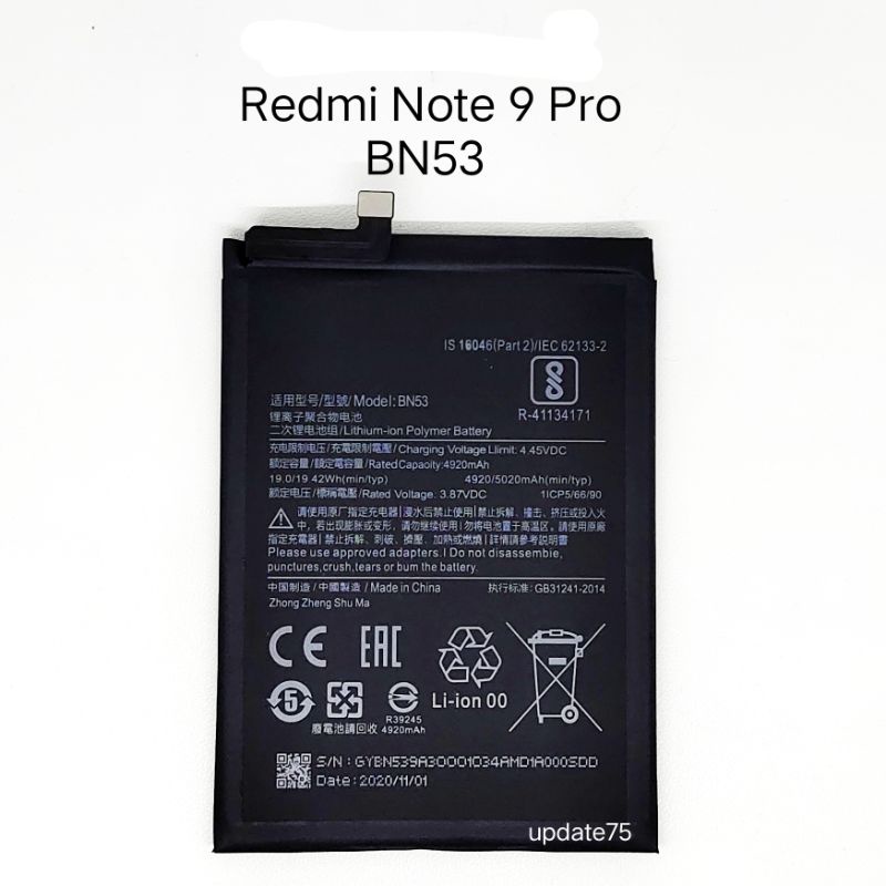 Baterai Xiaomi Redmi Note 9 Pro model BN53 BN 53 original