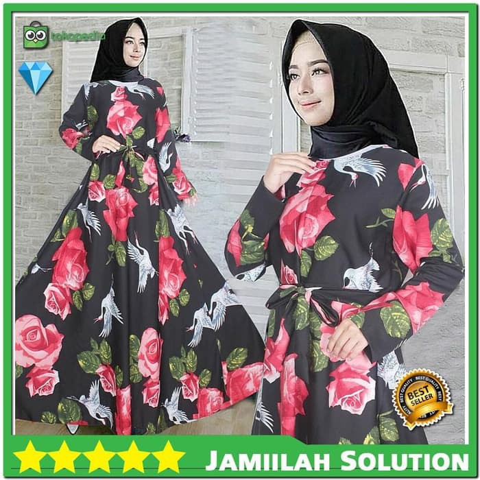 Baju Gamis Wanita Syari Motif Bunga Pinggang Belakang Karet Baloteli