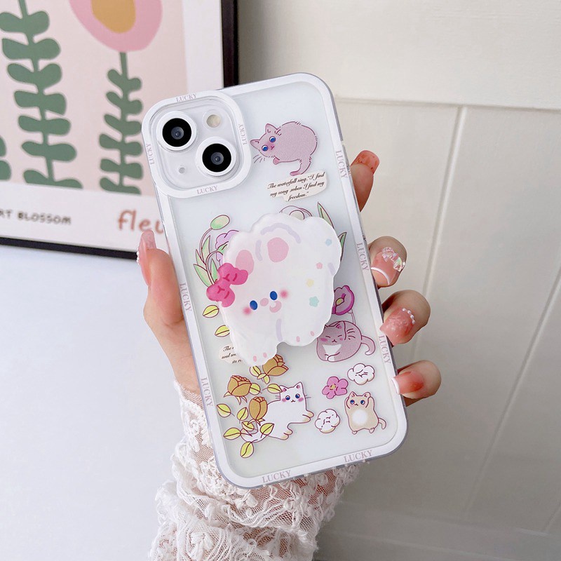 Flowers Cat Popsocket Soft Case iP iPhone 11 12 13 Pro Max 6 6S 7 8 + Plus X XR SE 2020 XS Max Casing