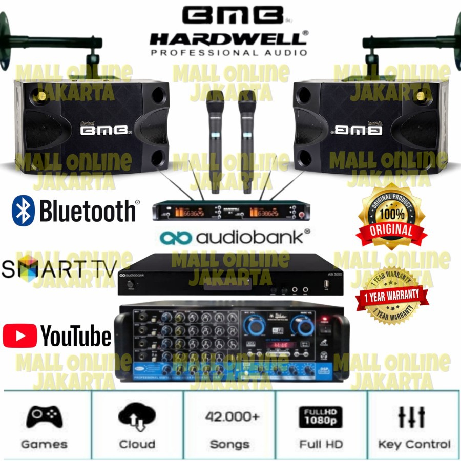 Paket karaoke audiobank ab3000 speaker bmb mic wireless hardwell x1