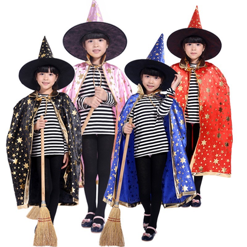 Kostum Halloween Jubah Emas Topi Witch Costume Penyihir Wizard Cosplay