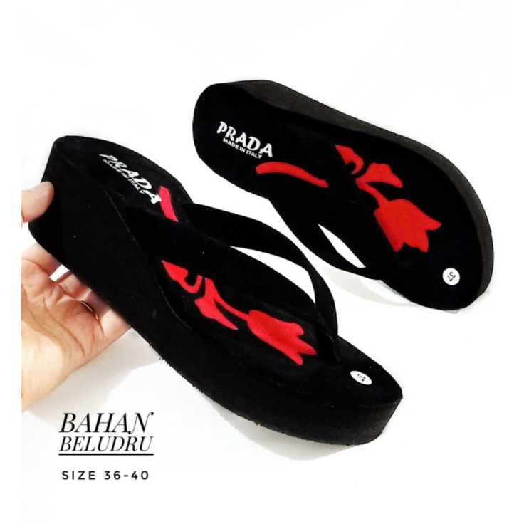 SANDAL WEDGES WANITA  - SANDAL WANITA JAPIT - SANDAL JAPIT SPON PLUS BELUDRU ( PRADA MAWAR)