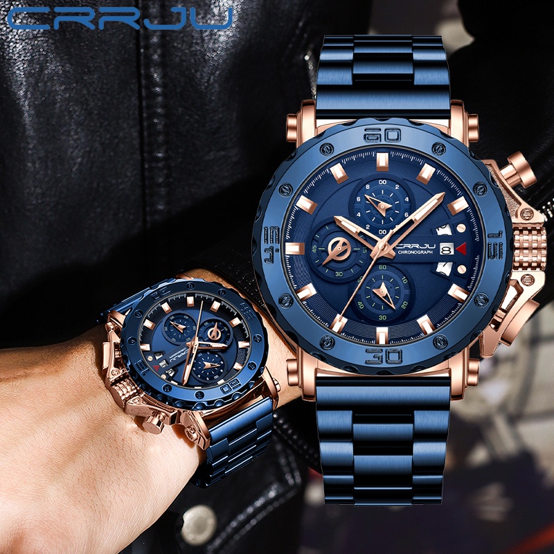 Jam Tangan Pria Bisnis CRRJU Merek Mewah Jam Tangan Stainless Steel Biru Chronograph Army Military Quartz Watches