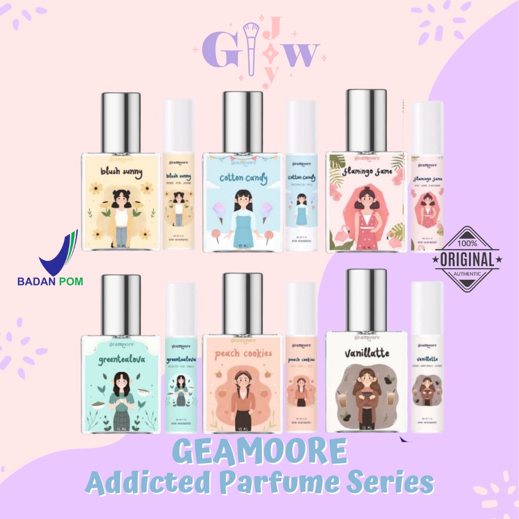 B32-B43 GEAMOORE (5ml / 15ml) addicted series scent roll parfume bpom murah spray body tubuh termurah viral mini size full blush sunny vanillatte flamingo fame cotton candy green tea lova peach cookies musk lily bunga irish vanila jeruk candies