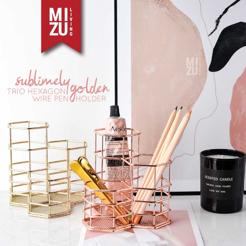 SUBLIMELY GOLDEN TRIO HEXAGON Wire Pen Holder Pencil Stationery Tempat Pensil Alat Tulis Emas