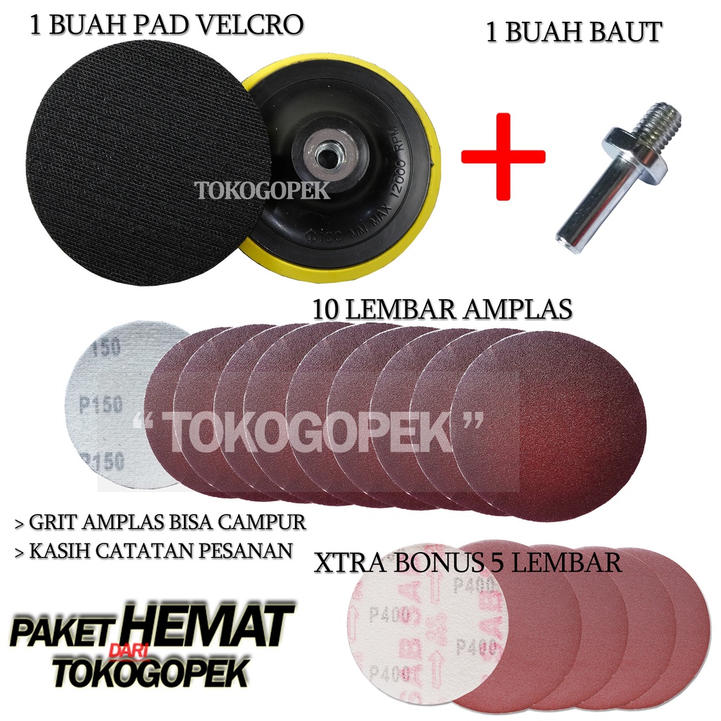 PAKET 15PCS - TATAKAN AMPLAS 4&quot; + AMPLAS VELCRO 4&quot; + BAUT KONEKTOR M10