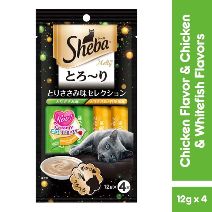 Sheba Melty Snack Kucing Basah rasa Chicken Whitefish 48g (2pcs) & Sheba Can Chicken (1pc)-1