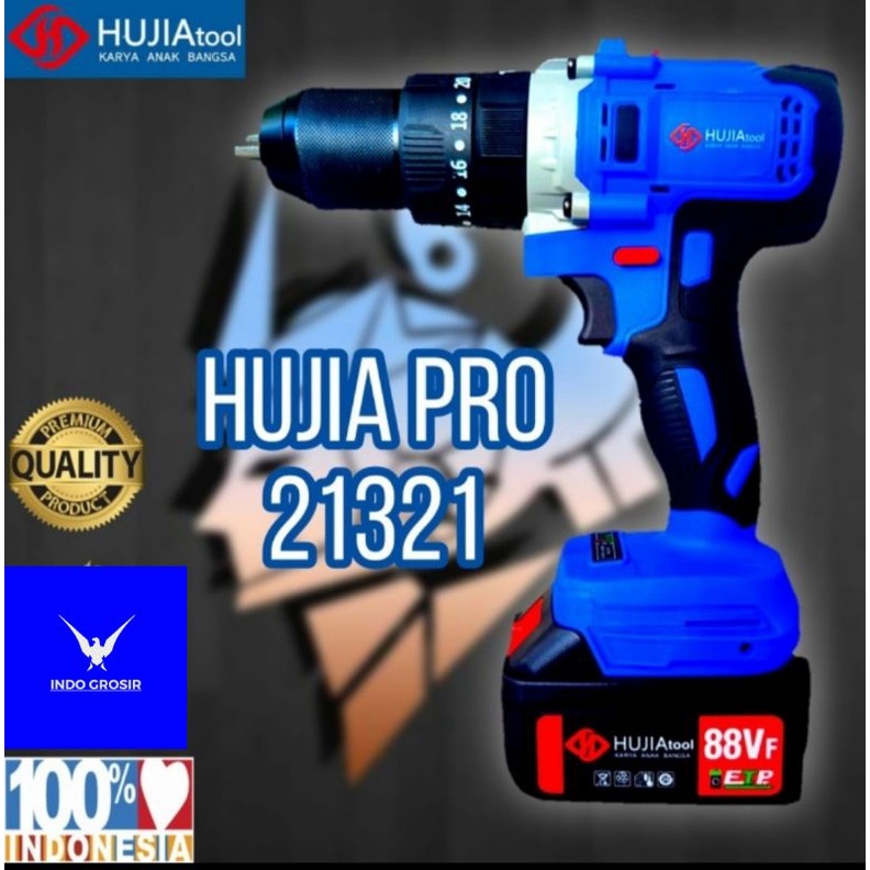 Mesin Bor 13Mm Fullset AB 88VF Hujia Pro 21321 Cordless Impact Drill