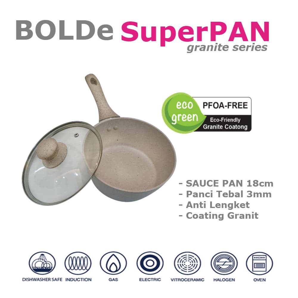 Bolde Sauce Pan 18cm Dengan Lapisan Granite Anti Lengket Dan Tutup kaca