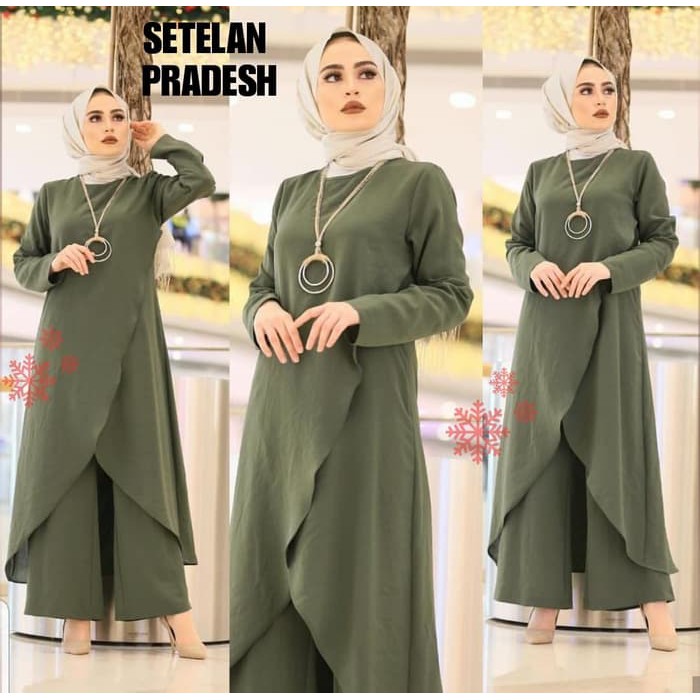 Stelan Pradesh Hijau Army Hijab Sdk Baju Gamis Wanita Terbaru SETELAN MOSCREPE TUNIK LD 102 PJ 134 C