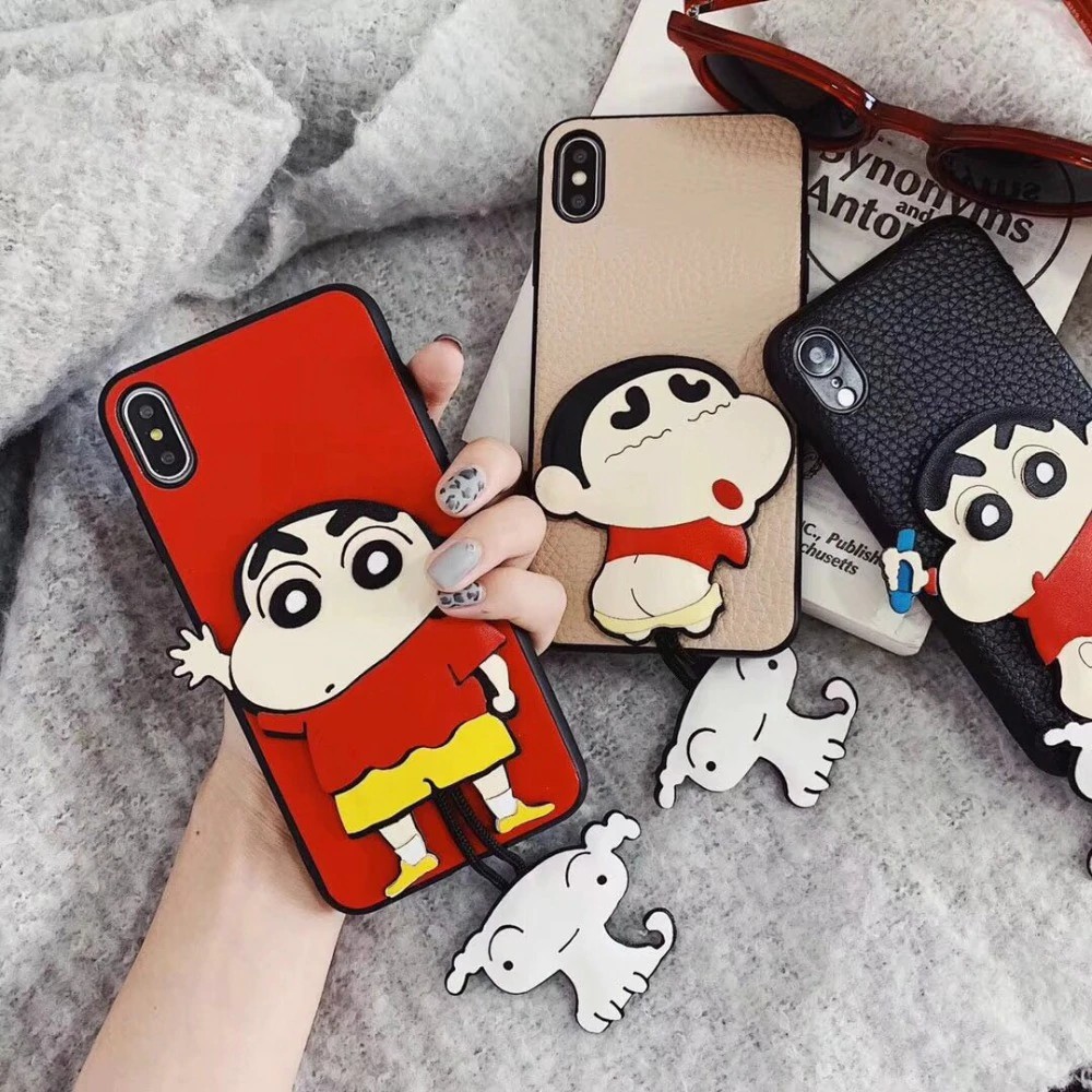 Jepang Kartun Lucu Krayon Kecil Lucu Baru 3D Boneka Anjing Liontin Kulit Menutupi Case Untuk IPhone