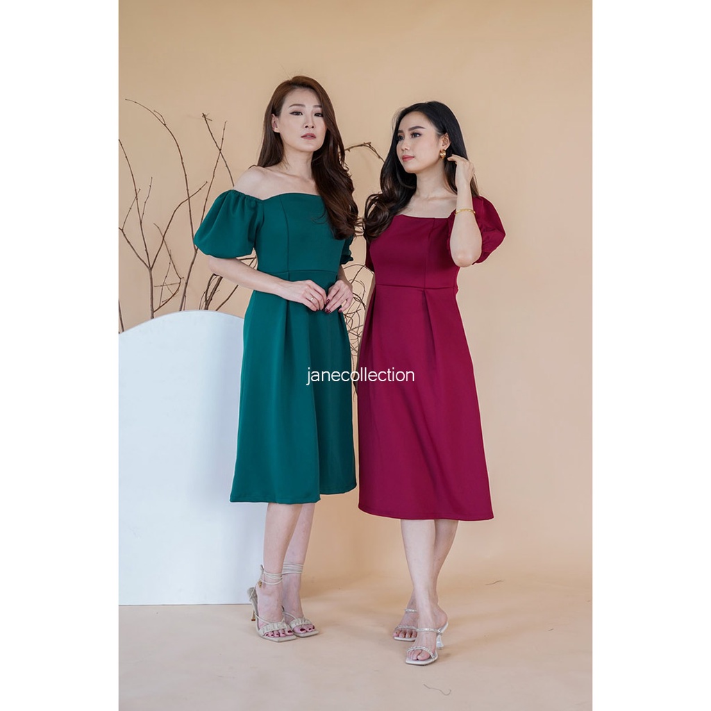 JANE COLLECTION || Midi Dress Hitam Kasual Lengan Balon Bisa dijadikan Sabrina / Square Neck Prom Night A Line Selutut Maroon Prime Scuba Night Party Pesta Kondangan OOTD Korea Pernikahan Nikah Dress Clara