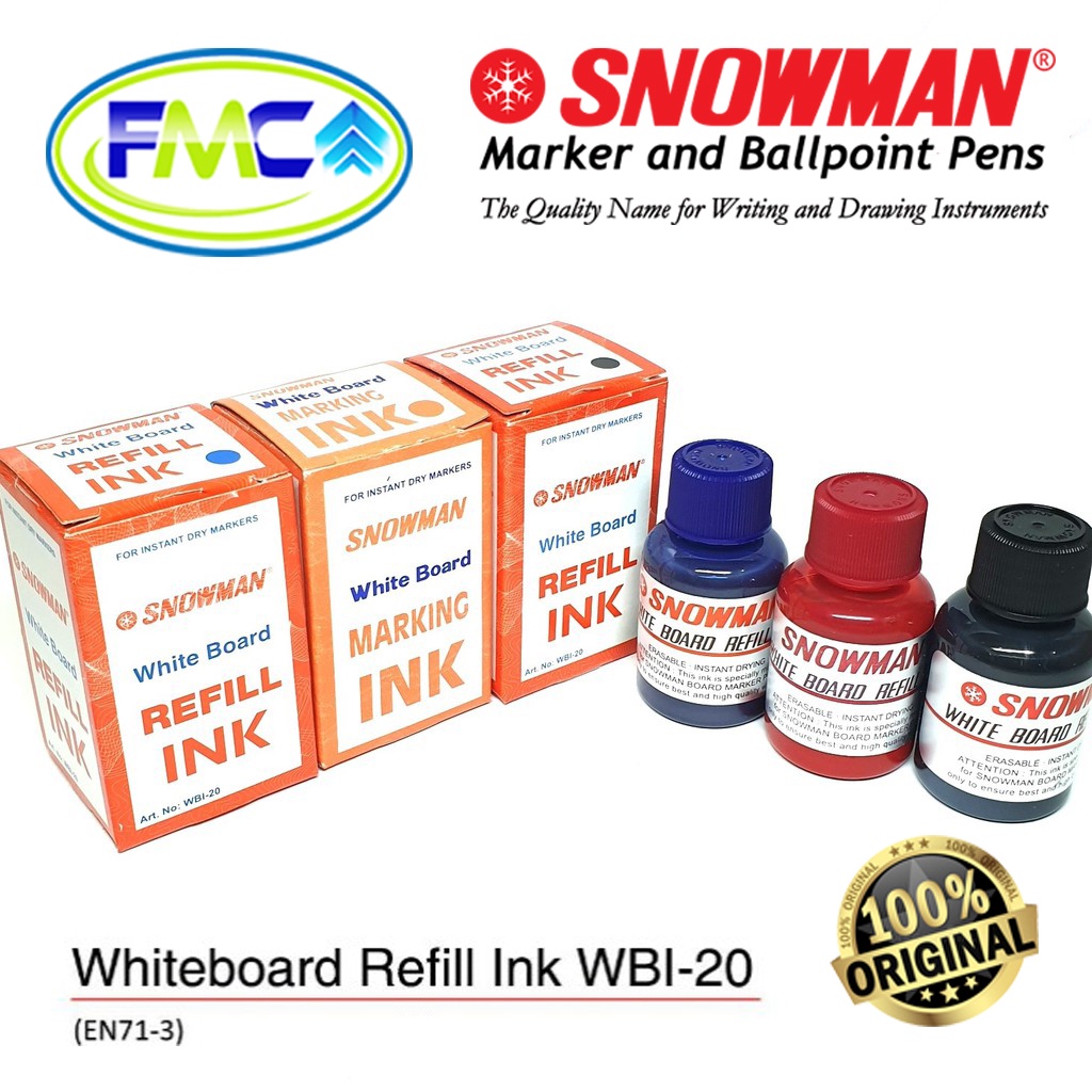 Tinta Spidol Whiteboard Non Permanent Snowman Papan Tulis Boardmarker Isi Ulang Sepidol  Refil Warna Hitam Biru Merah Hijau Asli Original