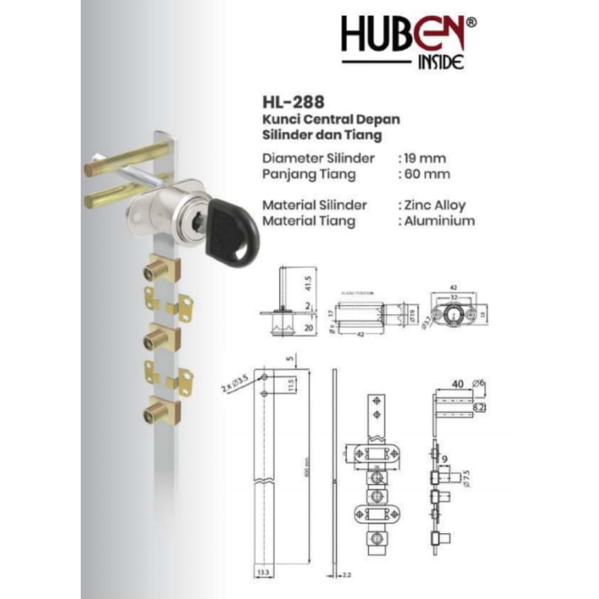 Kunci Laci Sentral  Central Lock Depan Samping HL 108 288-19 Komplit Merk HUBEN