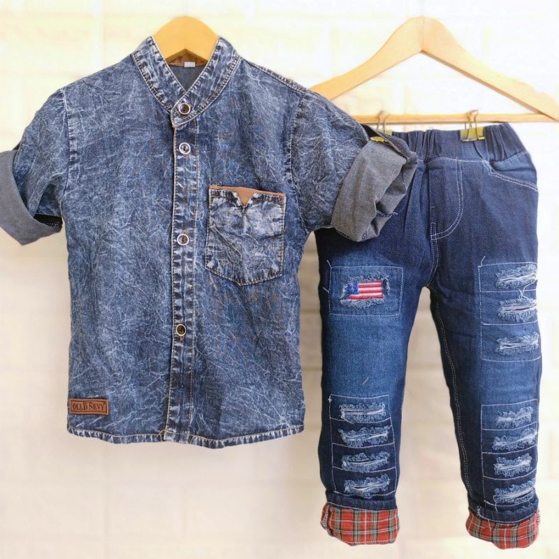 SETELAN ANAK LAKI LAKI SETELAN KEMEJA JEANS ANAK COWOK SET KEMEJA ANAK LAKI LAKI / SET KEMEJA JEANS