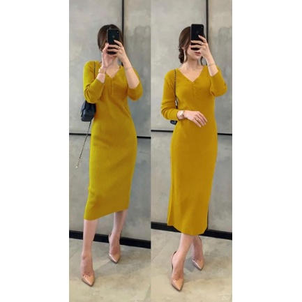 MDLV ~ Dress Monica Rajut Dres Rajut Bodycon Long Dress Lengan Panjang Fashion Wanita