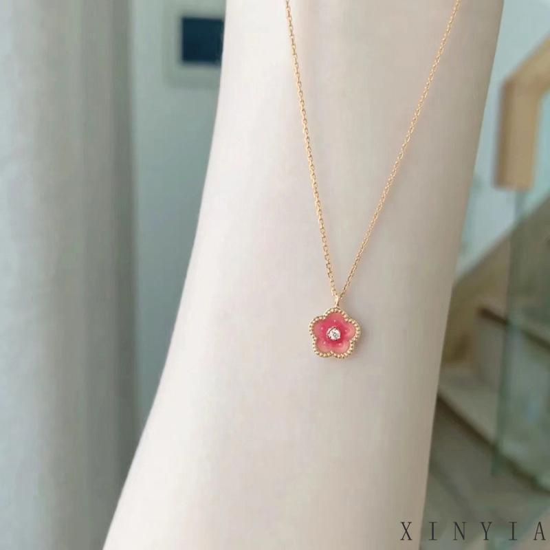 【Bayar di tempat】2023 Fashion Korea Baru Kalung Rantai Klavikula Dengan Liontin Bunga Persik Warna Pink Untuk Wanita