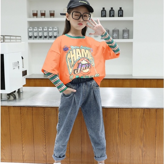 babyfit CHAMPIONEESE 4-10thn baju setelan sweater double sleeve anak perempuan set celana jeans