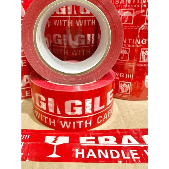

✸ LAKBAN FRAGILE MERAH 2" (48 MM x 100 Yard) TEBAL HARGA MURAH ✬