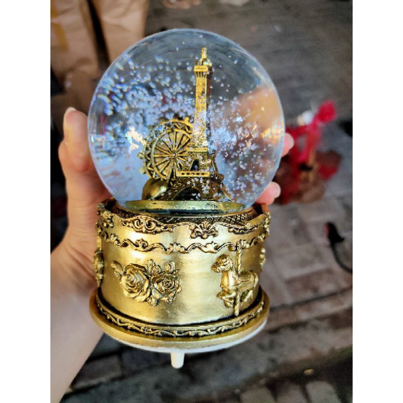 KOTAK MUSIK SNOWBALL MEDIUM SALJU GUNCANG MUSICBOX PARIS EIFFEL COUPLE UNICORN HELLOKITTY FROZEN