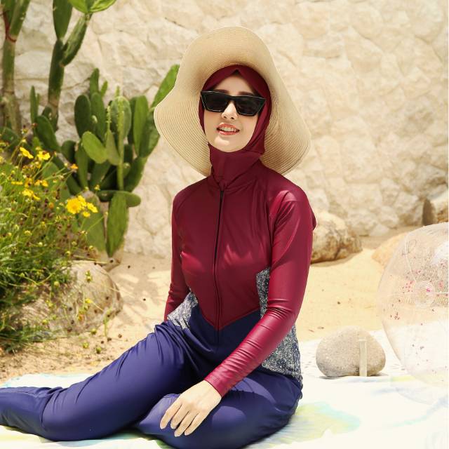 Carnation Maroon Navy Hijab  Swimwear  SWIMSWEETS Shopee 