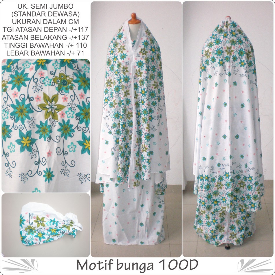 Mukena bali motif bunga hijau ukuran dewasa rayon warna dasar putih semi jumbo 255