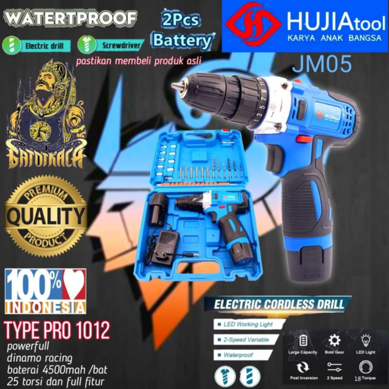Mesin bor baterai cordless hujia pro1012 fullset ACC original AR