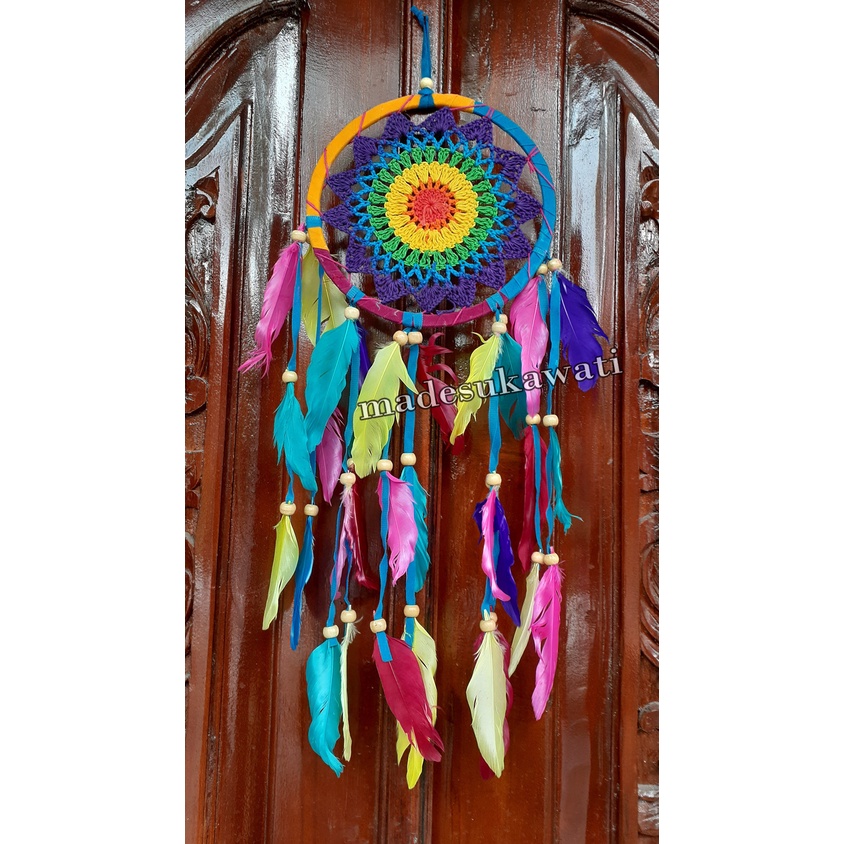 Dream catcher sulam jaring bintang benang diameter 17 panjang 53cm dekorasi hiasan rumah bulu ayam